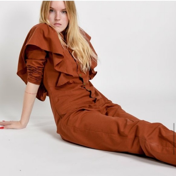 ❌SOLD❌ NWOT Rita Row x Free People Lola Ruffled Orange Microchecks Jumpsuit - Picture 7 of 8